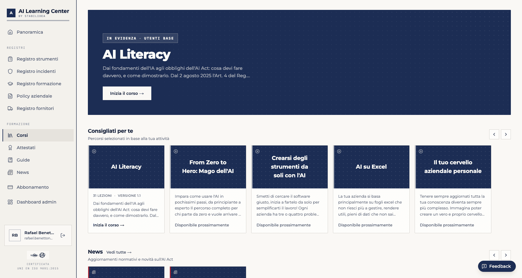 Catalogo corsi della piattaforma con il percorso AI Literacy